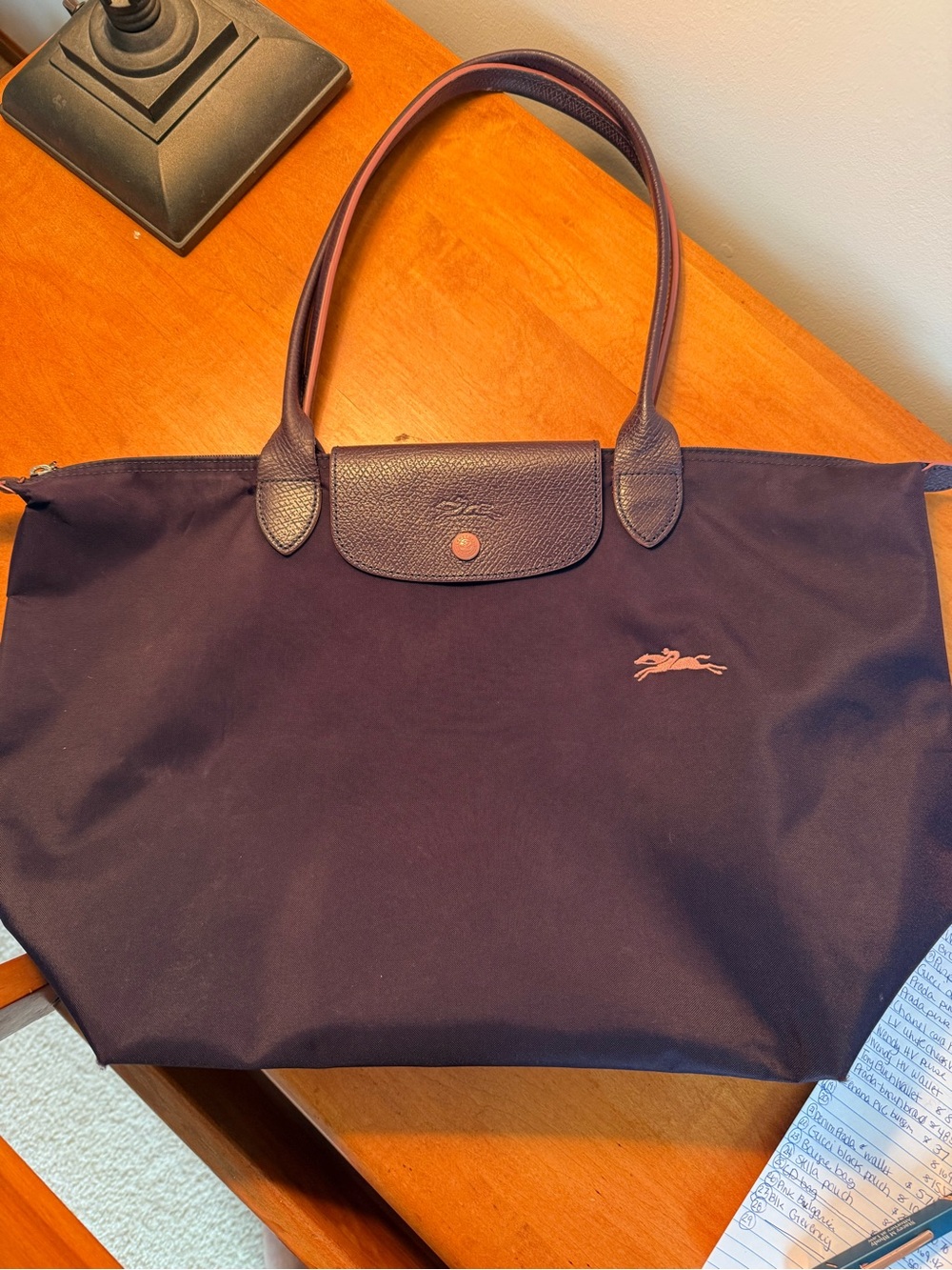 Longchamp Le Pliage Large Purple Tote with Logo